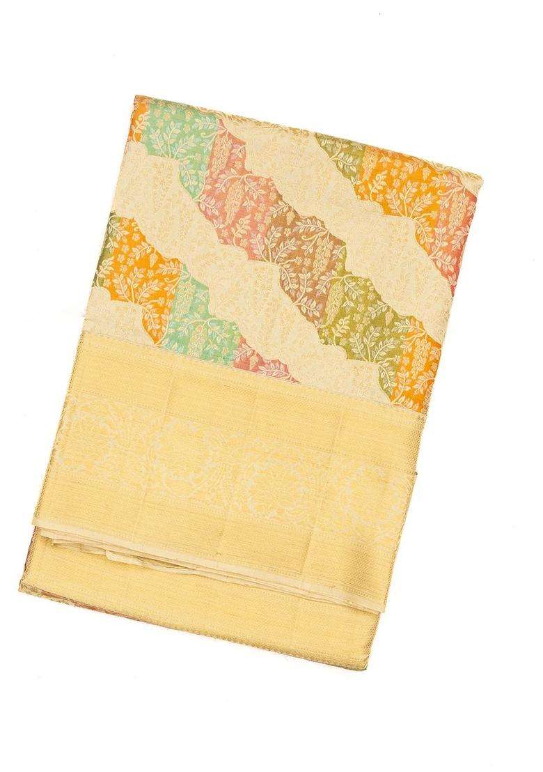Beige Handloom Kanchipuram Tissue Silk Saree With Meena Floral Motifs With Buttas And Brocade Design For Women - Indya