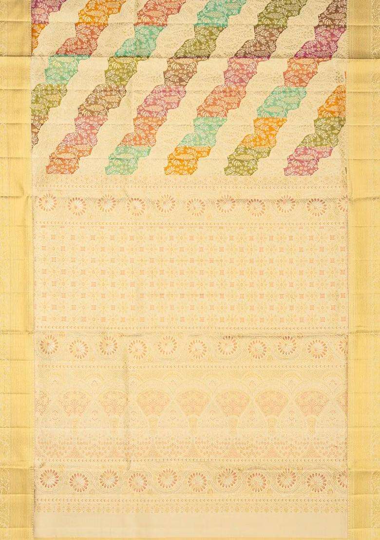 Beige Handloom Kanchipuram Tissue Silk Saree With Meena Floral Motifs With Buttas And Brocade Design For Women - Indya