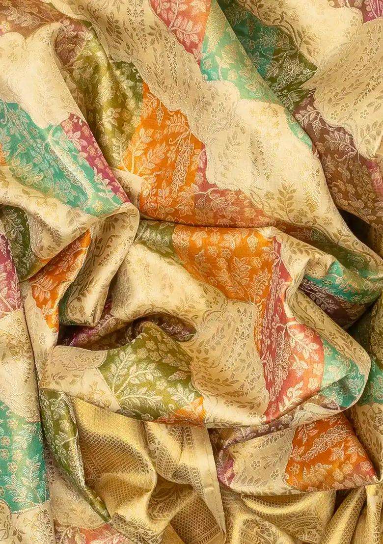 Beige Handloom Kanchipuram Tissue Silk Saree With Meena Floral Motifs With Buttas And Brocade Design For Women - Indya