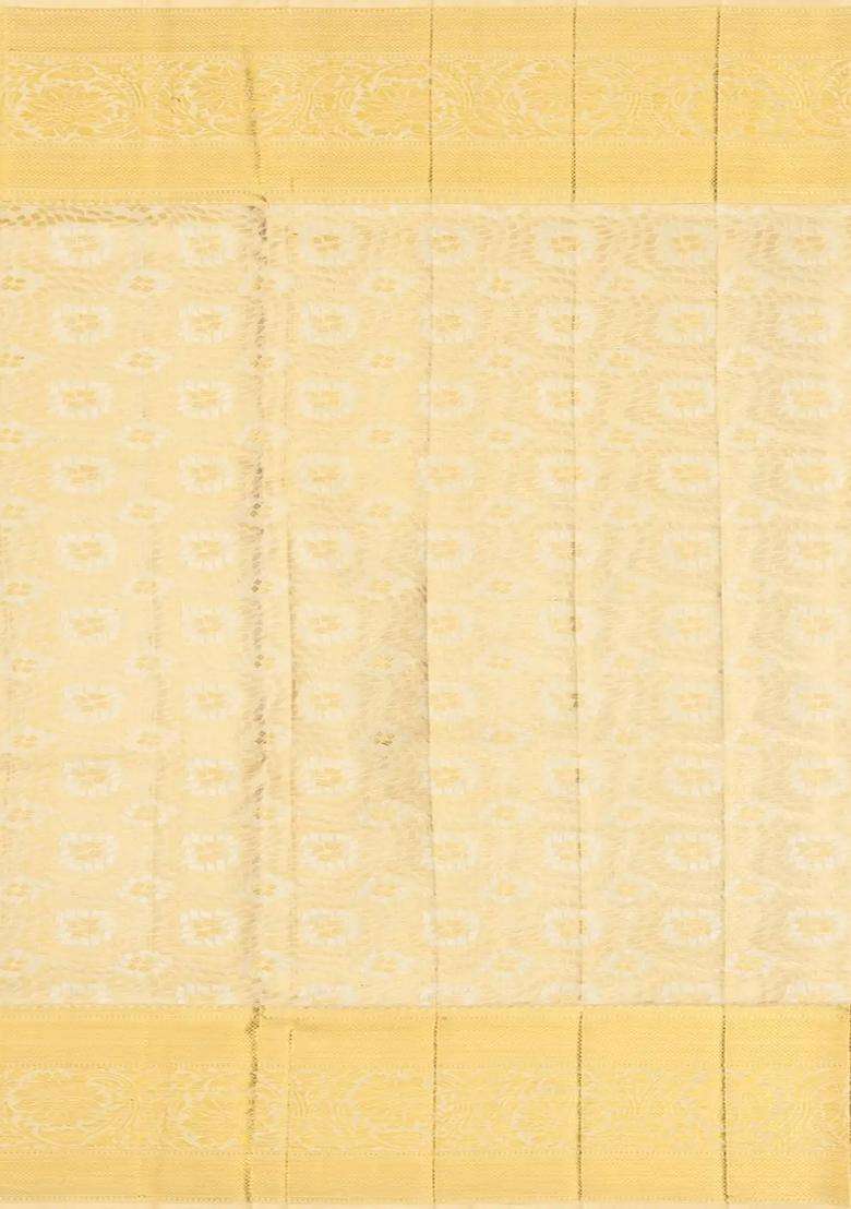 Beige Handloom Kanchipuram Tissue Silk Saree With Meena Floral Motifs With Buttas And Brocade Design For Women - Indya