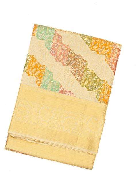 Beige Handloom Kanchipuram Tissue Silk Saree With Meena Floral Motifs With Buttas And Brocade Design For Women