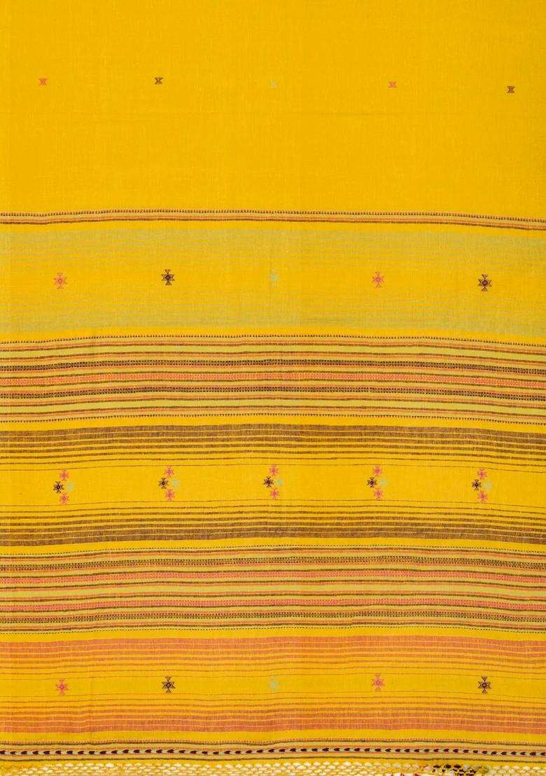 Mustard Handloom Bhujodi Cotton Saree With Cross Buttas With Buttas And Brocade Design For Women - Indya