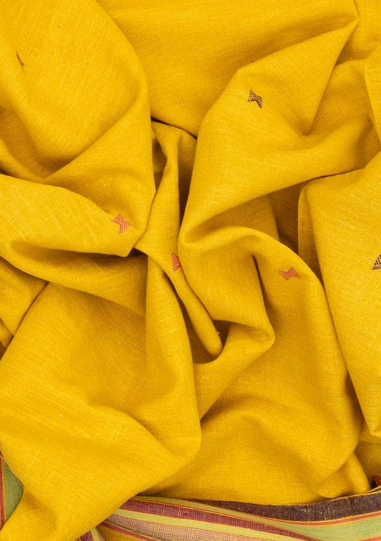 Mustard Handloom Bhujodi Cotton Saree With Cross Buttas With Buttas And Brocade Design For Women - Indya