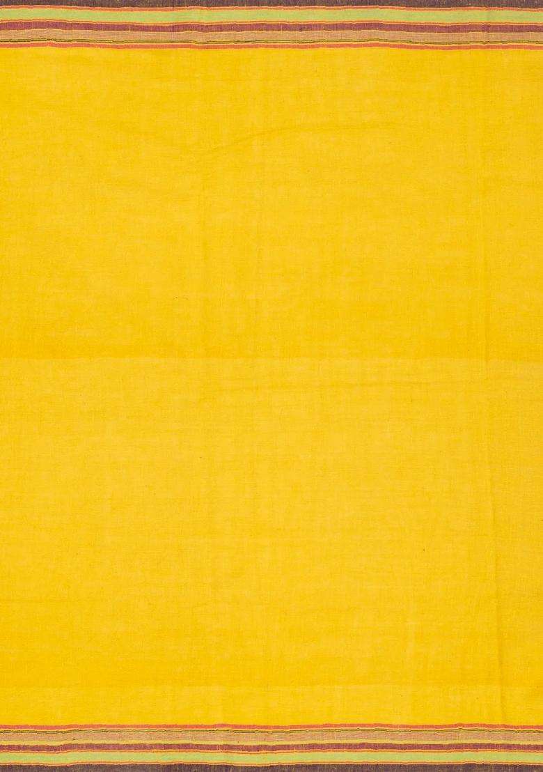 Mustard Handloom Bhujodi Cotton Saree With Cross Buttas With Buttas And Brocade Design For Women - Indya