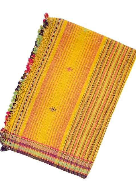 Mustard Handloom Bhujodi Cotton Saree With Cross Buttas With Buttas And Brocade Design For Women