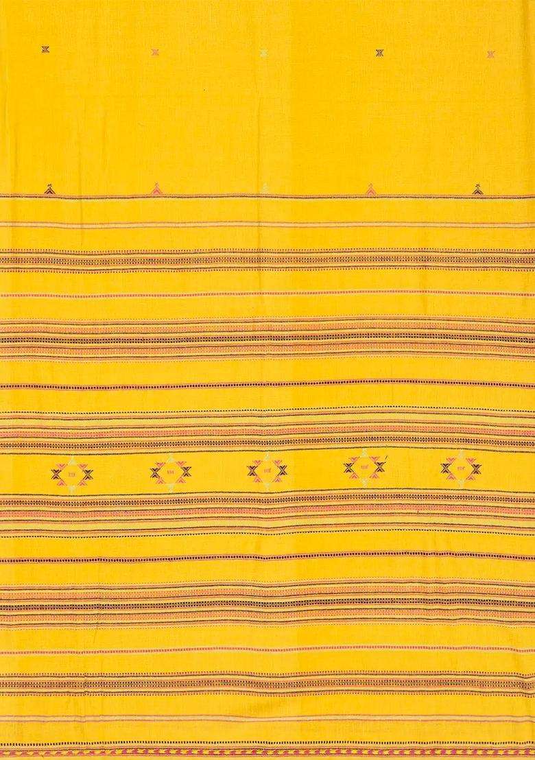 Turmeric Yellow Handloom Bhujodi Cotton Saree With Cross Buttas With Buttas And Brocade Design For Women - Indya