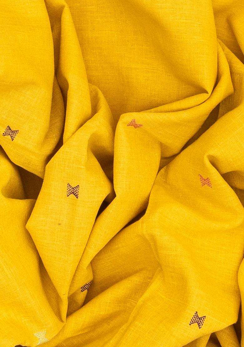 Turmeric Yellow Handloom Bhujodi Cotton Saree With Cross Buttas With Buttas And Brocade Design For Women - Indya