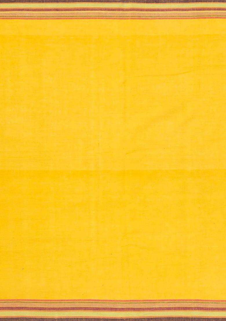 Turmeric Yellow Handloom Bhujodi Cotton Saree With Cross Buttas With Buttas And Brocade Design For Women - Indya