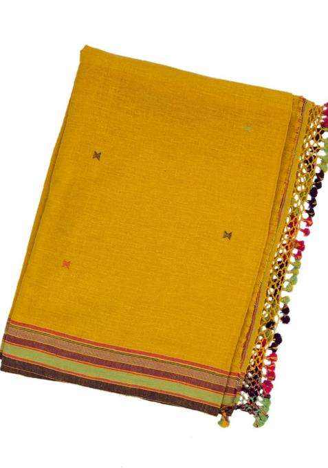 Turmeric Yellow Handloom Bhujodi Cotton Saree With Cross Buttas With Buttas And Brocade Design For Women