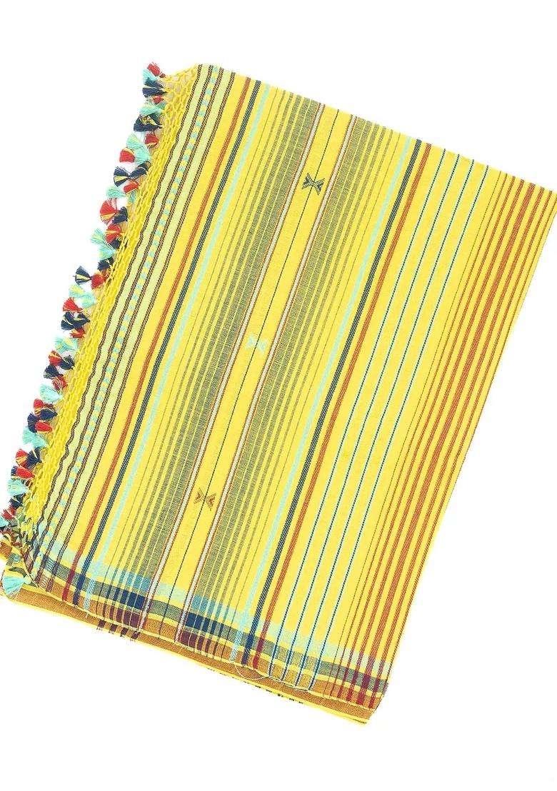 Yellow Handloom Bhujodi Cotton Saree With Buttas With Buttas And Brocade Design For Women - Indya