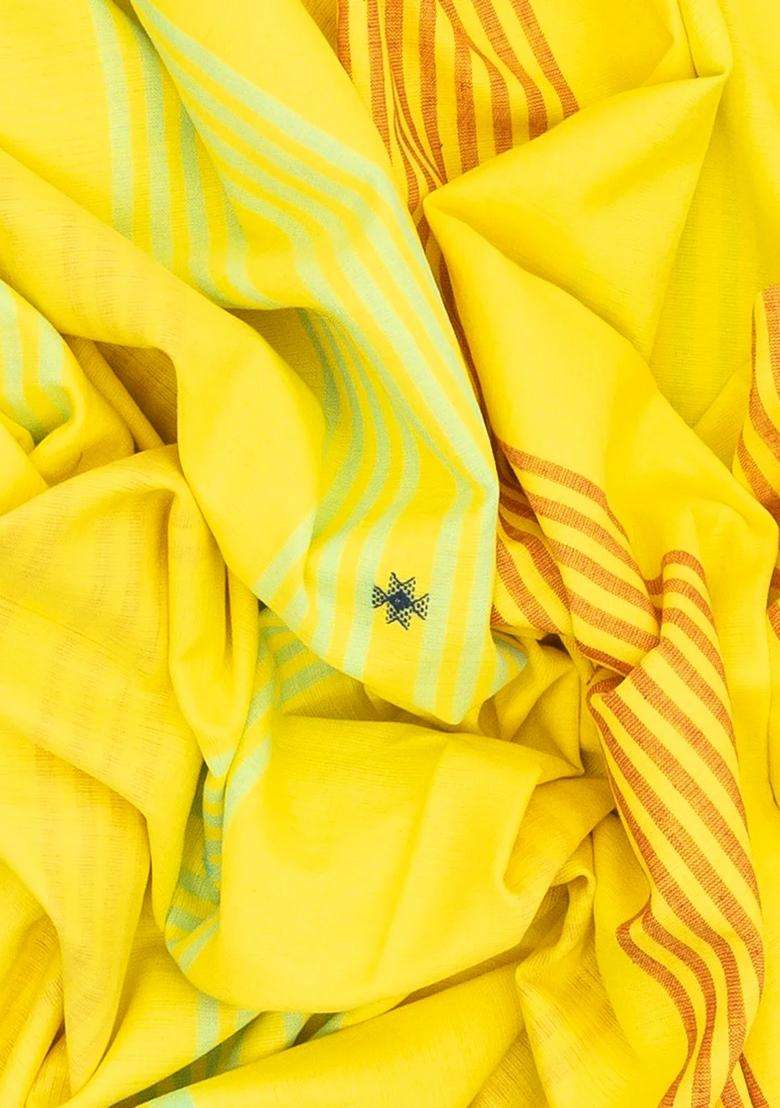 Yellow Handloom Bhujodi Cotton Saree With Buttas With Buttas And Brocade Design For Women - Indya