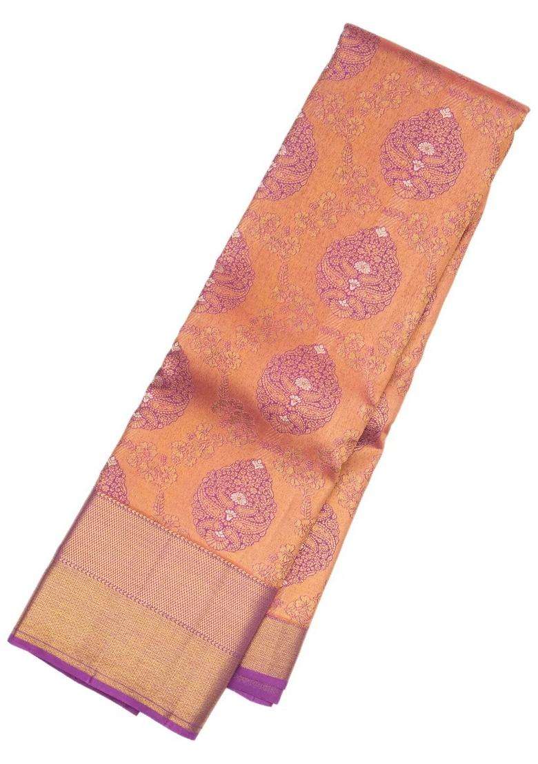 Lilac Peach Handloom Kanchipuram Silk Saree With Meena Floral Motifs With Buttas And Brocade Design For Women - Indya