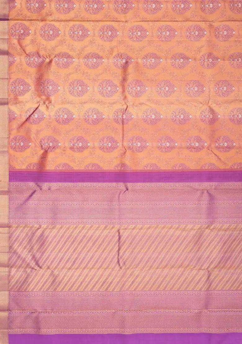 Lilac Peach Handloom Kanchipuram Silk Saree With Meena Floral Motifs With Buttas And Brocade Design For Women - Indya