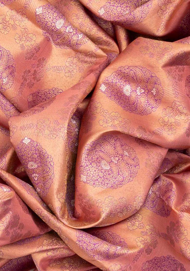 Lilac Peach Handloom Kanchipuram Silk Saree With Meena Floral Motifs With Buttas And Brocade Design For Women - Indya