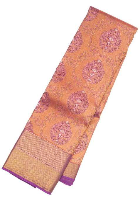 Lilac Peach Handloom Kanchipuram Silk Saree With Meena Floral Motifs With Buttas And Brocade Design For Women