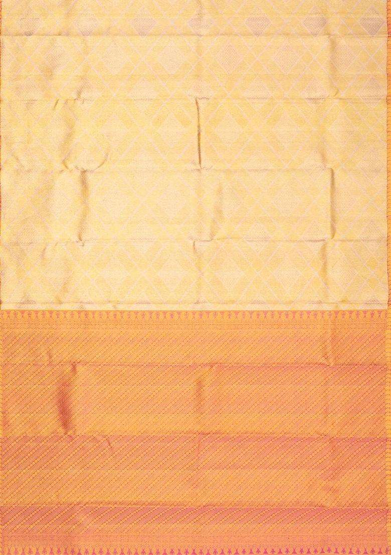 Off White Handloom Kanchipuram Tissue Silk Saree With Diamond Motifs With Buttas And Brocade Design For Women - Indya