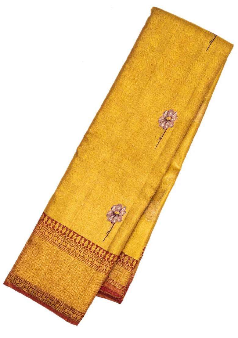 Gold Handloom Kanchipuram Tissue Silk Saree With Floral Buttas With Buttas And Brocade Design For Women - Indya