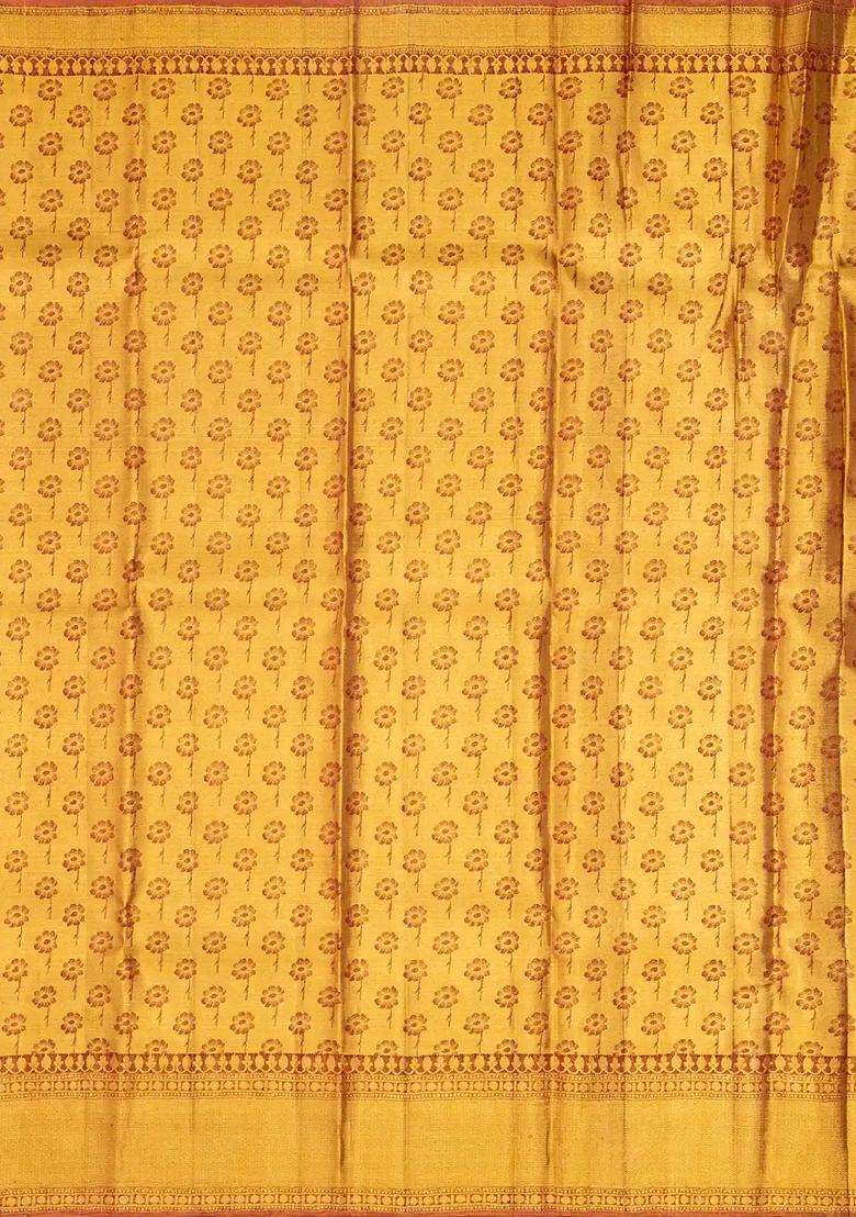 Gold Handloom Kanchipuram Tissue Silk Saree With Floral Buttas With Buttas And Brocade Design For Women - Indya