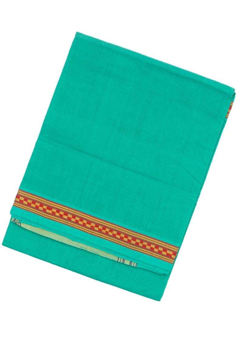 Turquoise Handloom Venkatagiri Cotton Saree With Checked Border With Checks And Stripes Design For Women - Indya