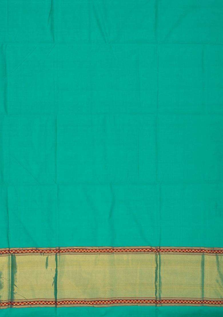 Turquoise Handloom Venkatagiri Cotton Saree With Checked Border With Checks And Stripes Design For Women - Indya