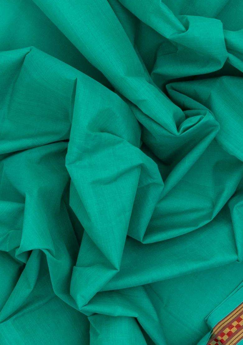 Turquoise Handloom Venkatagiri Cotton Saree With Checked Border With Checks And Stripes Design For Women - Indya