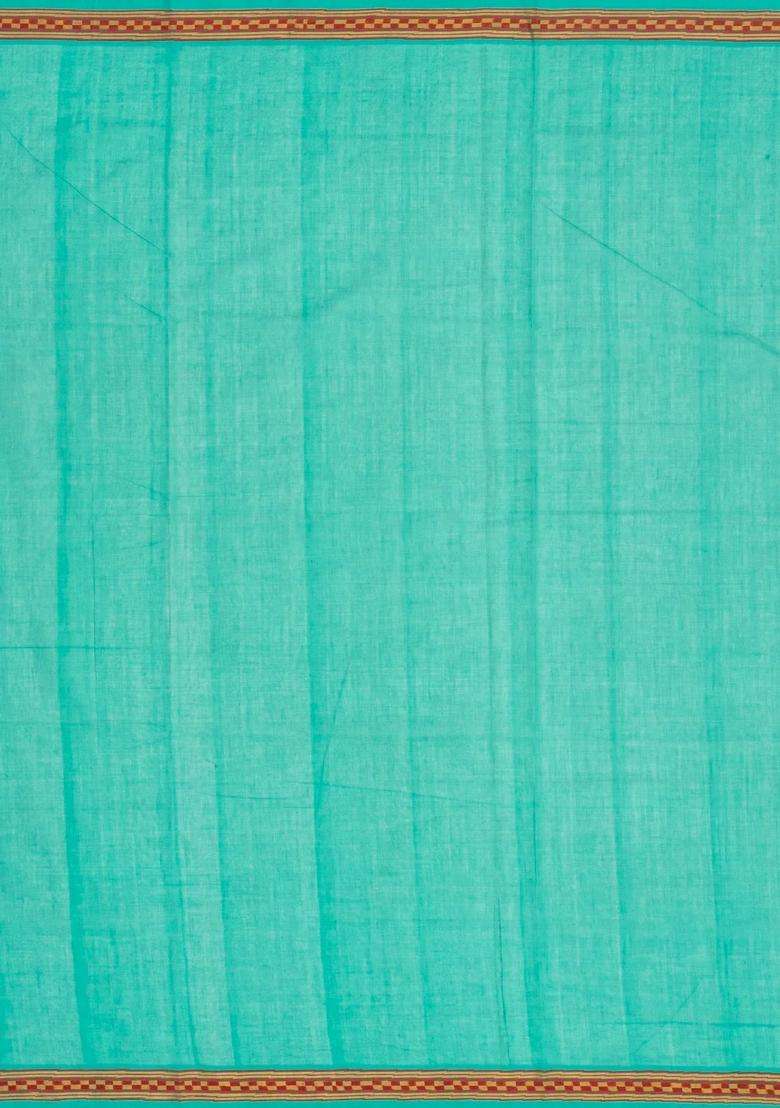 Turquoise Handloom Venkatagiri Cotton Saree With Checked Border With Checks And Stripes Design For Women - Indya