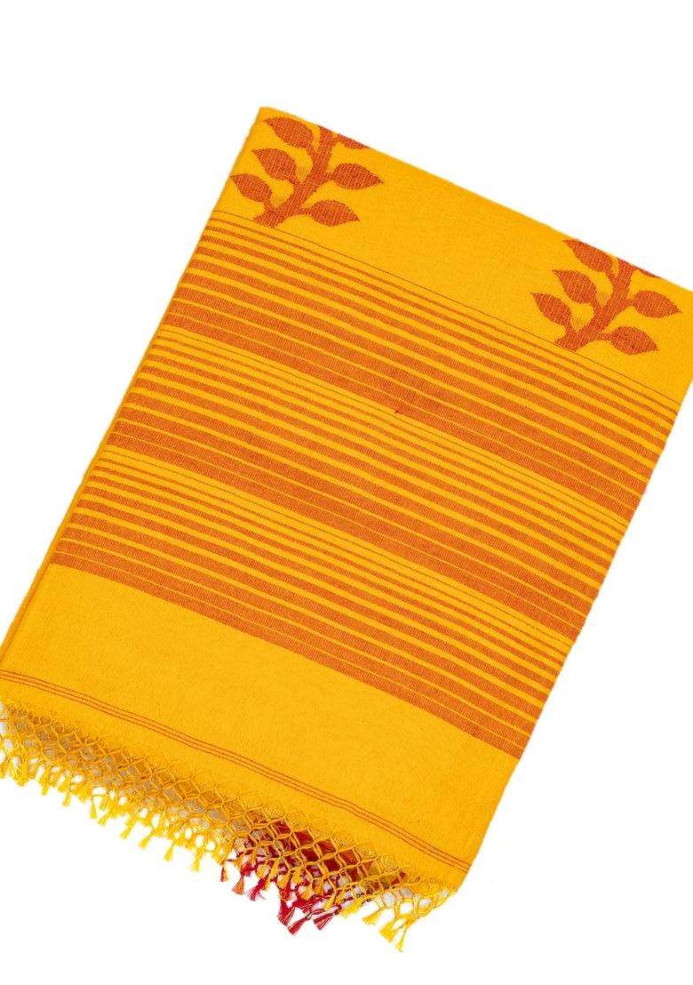 Yellow Handloom Bengal Cotton Saree With Stripes Buttas With Buttas And Brocade Design For Women - Indya