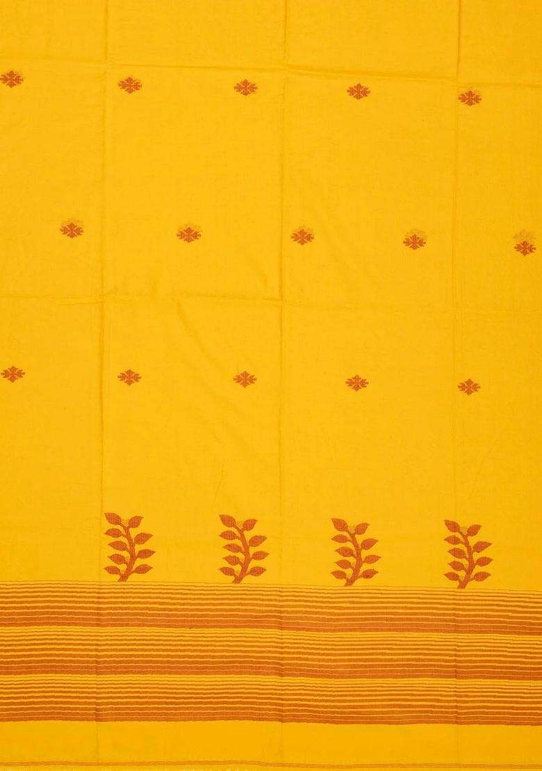 Yellow Handloom Bengal Cotton Saree With Stripes Buttas With Buttas And Brocade Design For Women - Indya