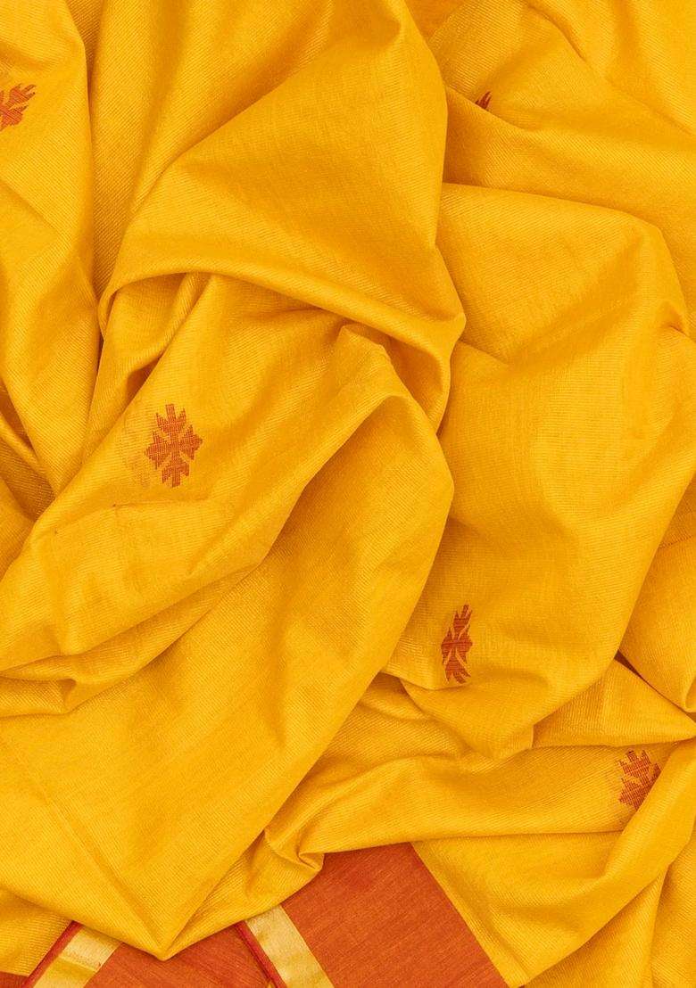 Yellow Handloom Bengal Cotton Saree With Stripes Buttas With Buttas And Brocade Design For Women - Indya
