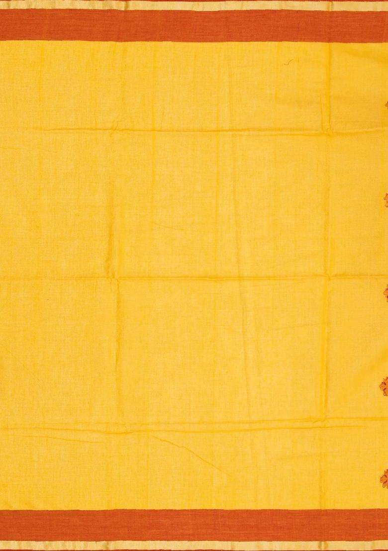 Yellow Handloom Bengal Cotton Saree With Stripes Buttas With Buttas And Brocade Design For Women - Indya
