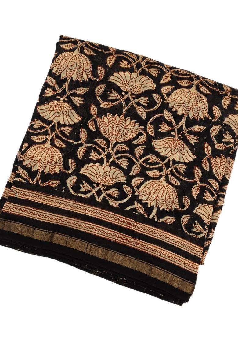 Black Chanderi Cotton Saree Printed With Floral Vine Motifs For Women - Indya