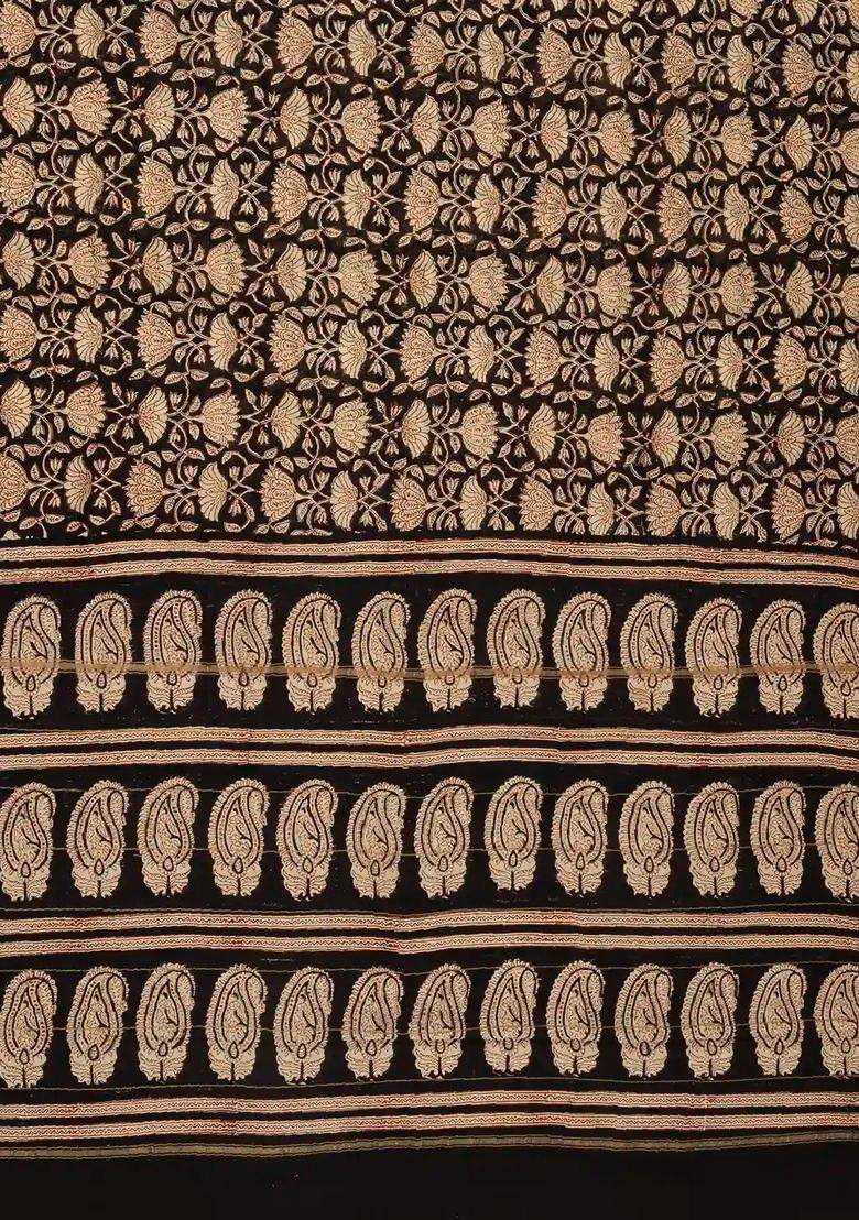 Black Chanderi Cotton Saree Printed With Floral Vine Motifs For Women - Indya