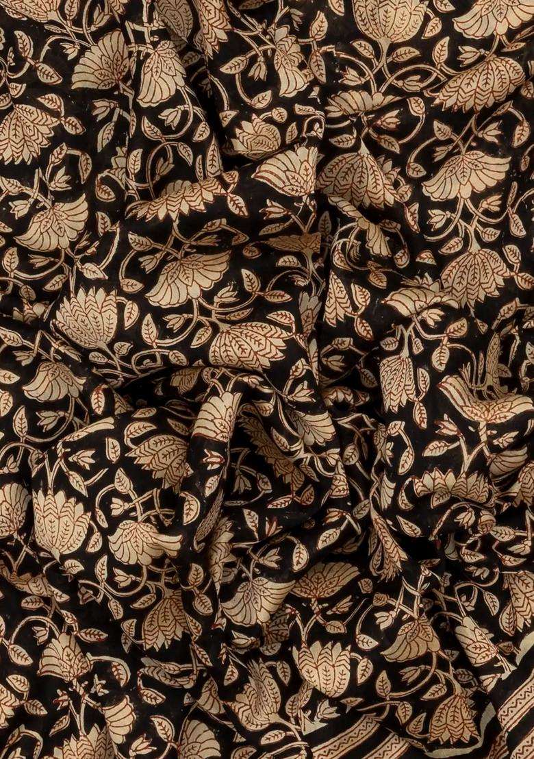 Black Chanderi Cotton Saree Printed With Floral Vine Motifs For Women - Indya