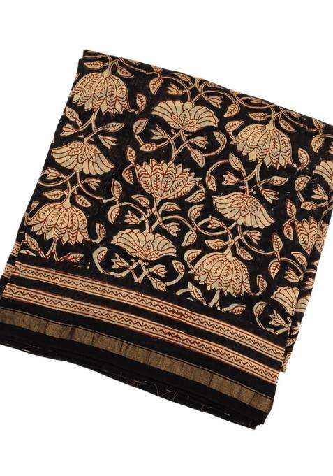 Black Chanderi Cotton Saree Printed With Floral Vine Motifs For Women
