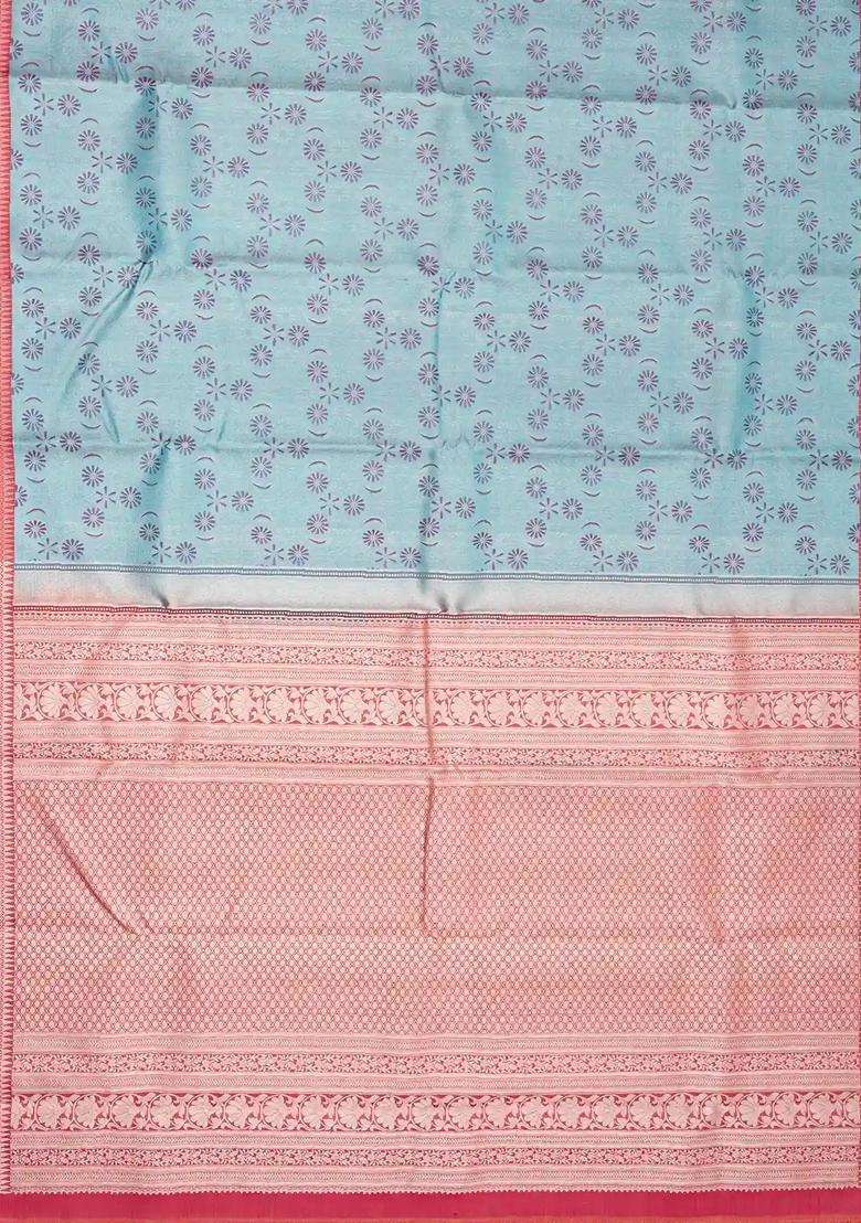 Turquoise Handloom Kanchipuram Tissue Silk Saree With Floral Motifs With Buttas And Brocade Design For Women - Indya