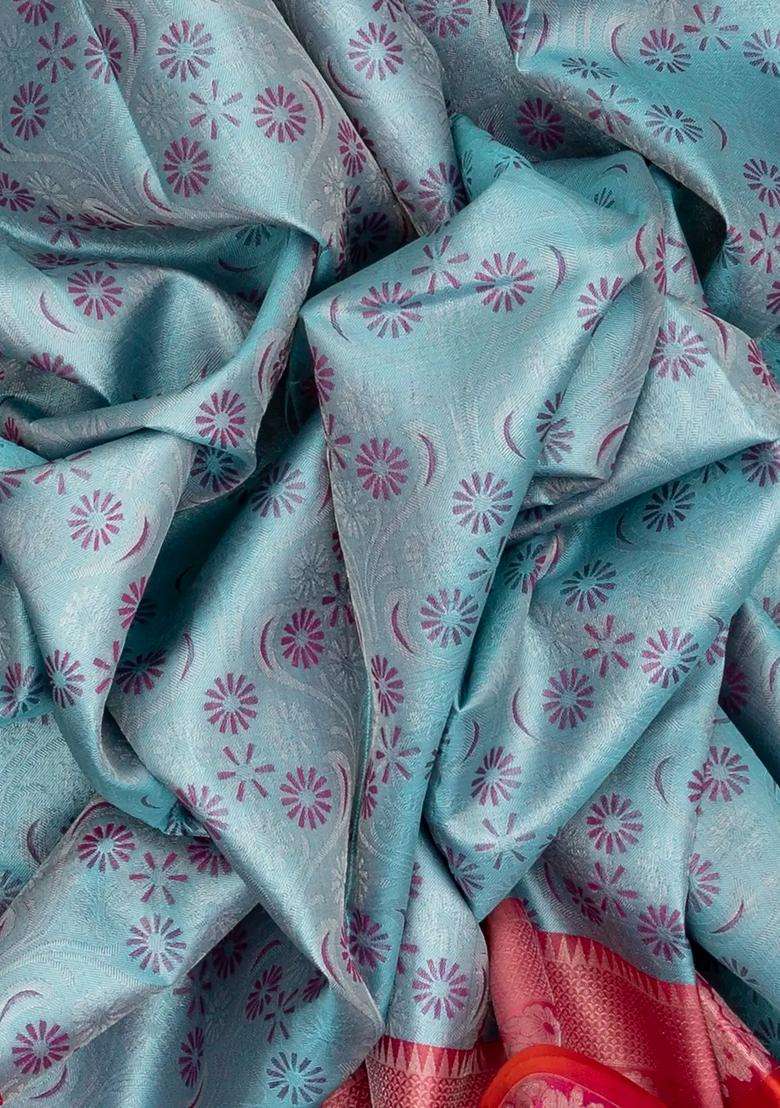 Turquoise Handloom Kanchipuram Tissue Silk Saree With Floral Motifs With Buttas And Brocade Design For Women - Indya