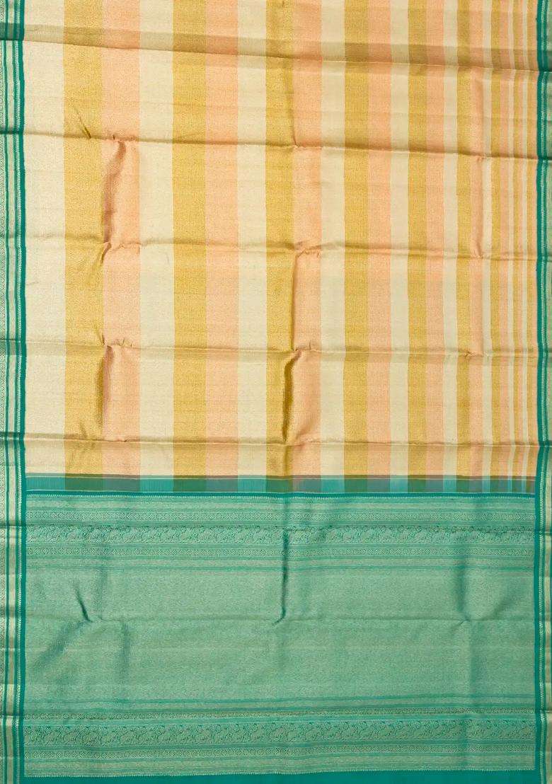 Multi Colour Handloom Kanchipuram Korvai Silk Saree With Stripes With Korvai And Temple Border Design For Women - Indya