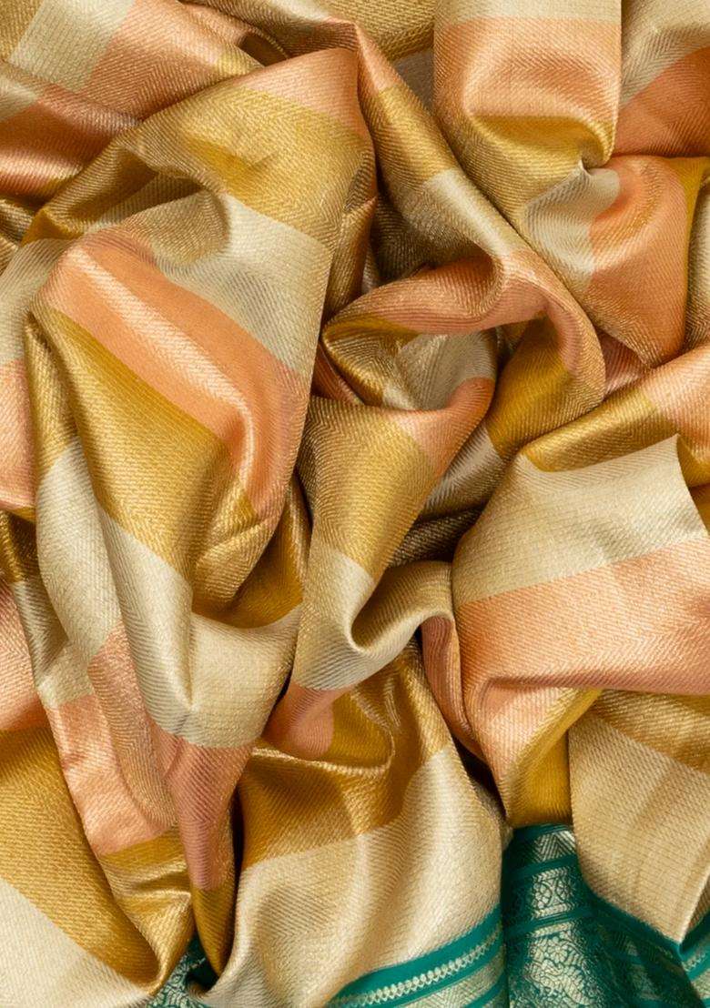 Multi Colour Handloom Kanchipuram Korvai Silk Saree With Stripes With Korvai And Temple Border Design For Women - Indya