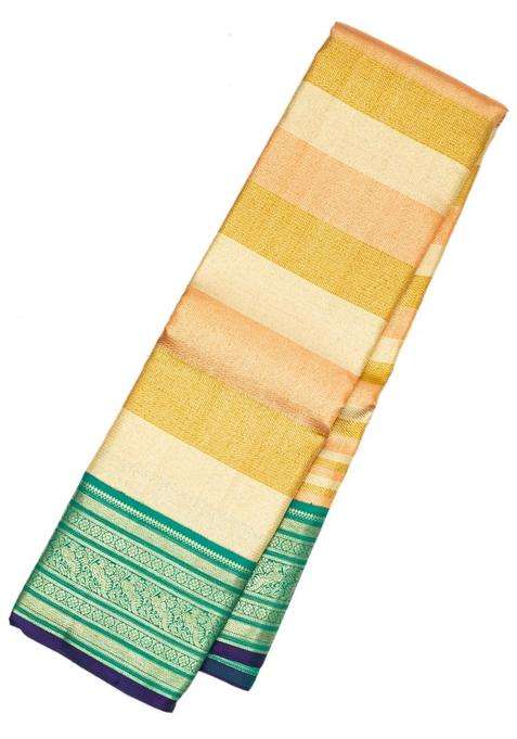 Multi Colour Handloom Kanchipuram Korvai Silk Saree With Stripes With Korvai And Temple Border Design For Women