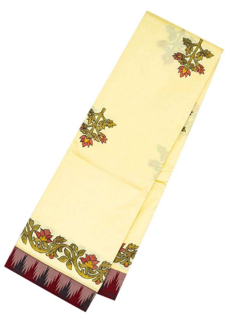 Cream Handwoven Korvai Silk Saree With Hand Painted Meena Floral Motifs With Printed Design For Women - Indya
