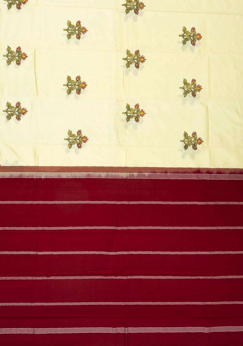 Cream Handwoven Korvai Silk Saree With Hand Painted Meena Floral Motifs With Printed Design For Women - Indya