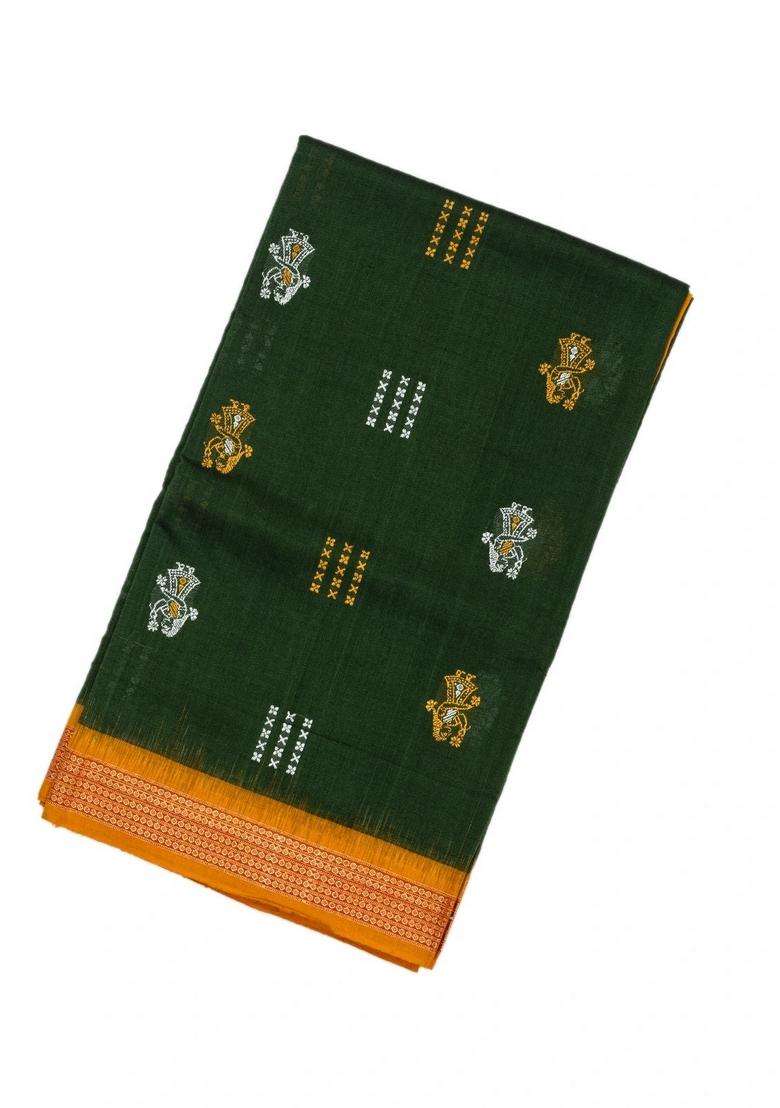 Dark Green Handloom Orissa Cotton Saree With Tie Dye Pallu With Printed Design For Women - Indya