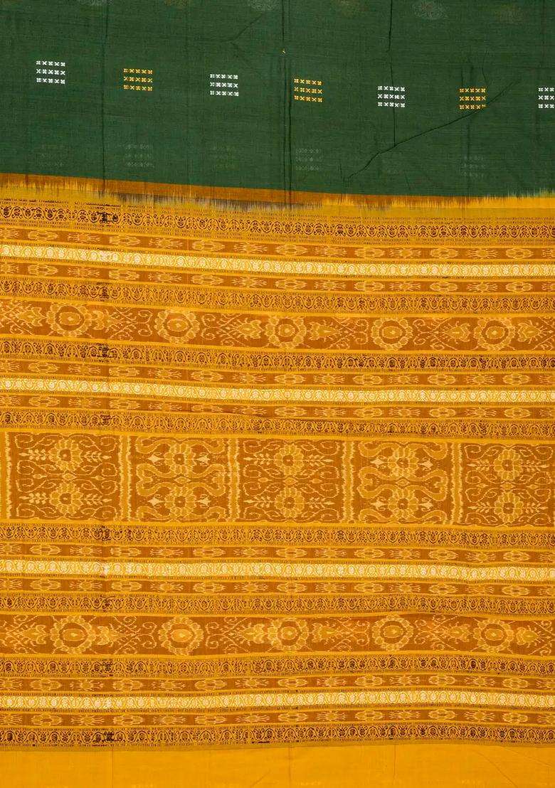 Dark Green Handloom Orissa Cotton Saree With Tie Dye Pallu With Printed Design For Women - Indya