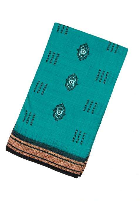 Cyan Handloom Orissa Cotton Saree With Floral Motifs With Printed Design For Women
