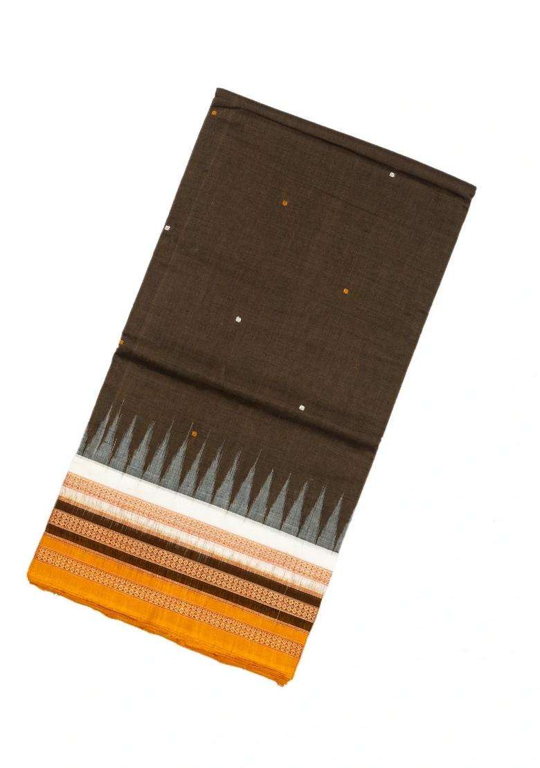 Dark Grey Handloom Orissa Cotton Saree With Mustard Tie Dye Motifs With Printed Design For Women - Indya