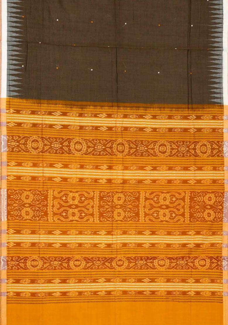 Dark Grey Handloom Orissa Cotton Saree With Mustard Tie Dye Motifs With Printed Design For Women - Indya