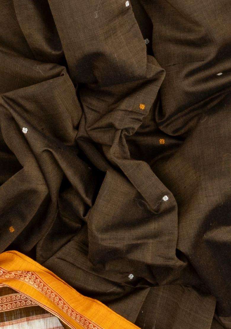 Dark Grey Handloom Orissa Cotton Saree With Mustard Tie Dye Motifs With Printed Design For Women - Indya