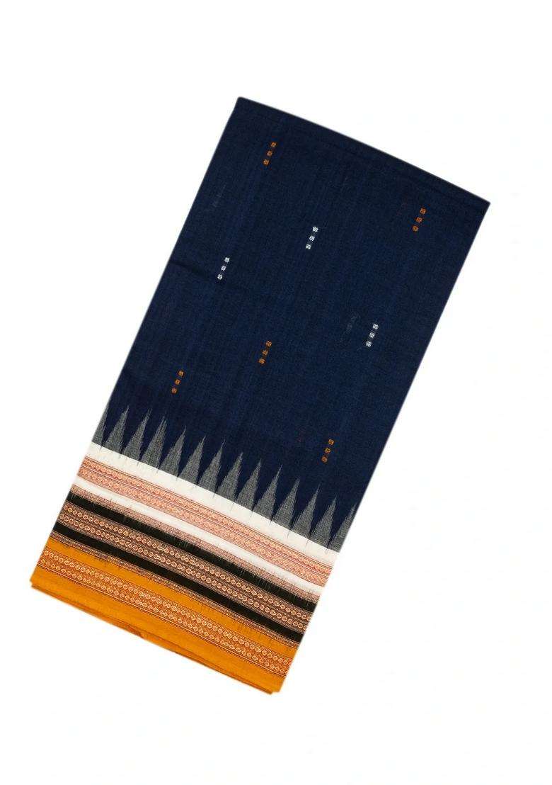 Dark Blue Handloom Orissa Cotton Saree With Mustard Tie Dye Pallu With Printed Design For Women - Indya