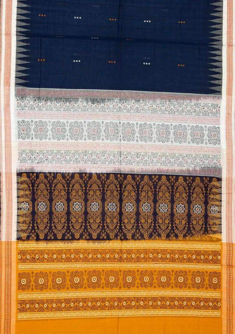 Dark Blue Handloom Orissa Cotton Saree With Mustard Tie Dye Pallu With Printed Design For Women - Indya
