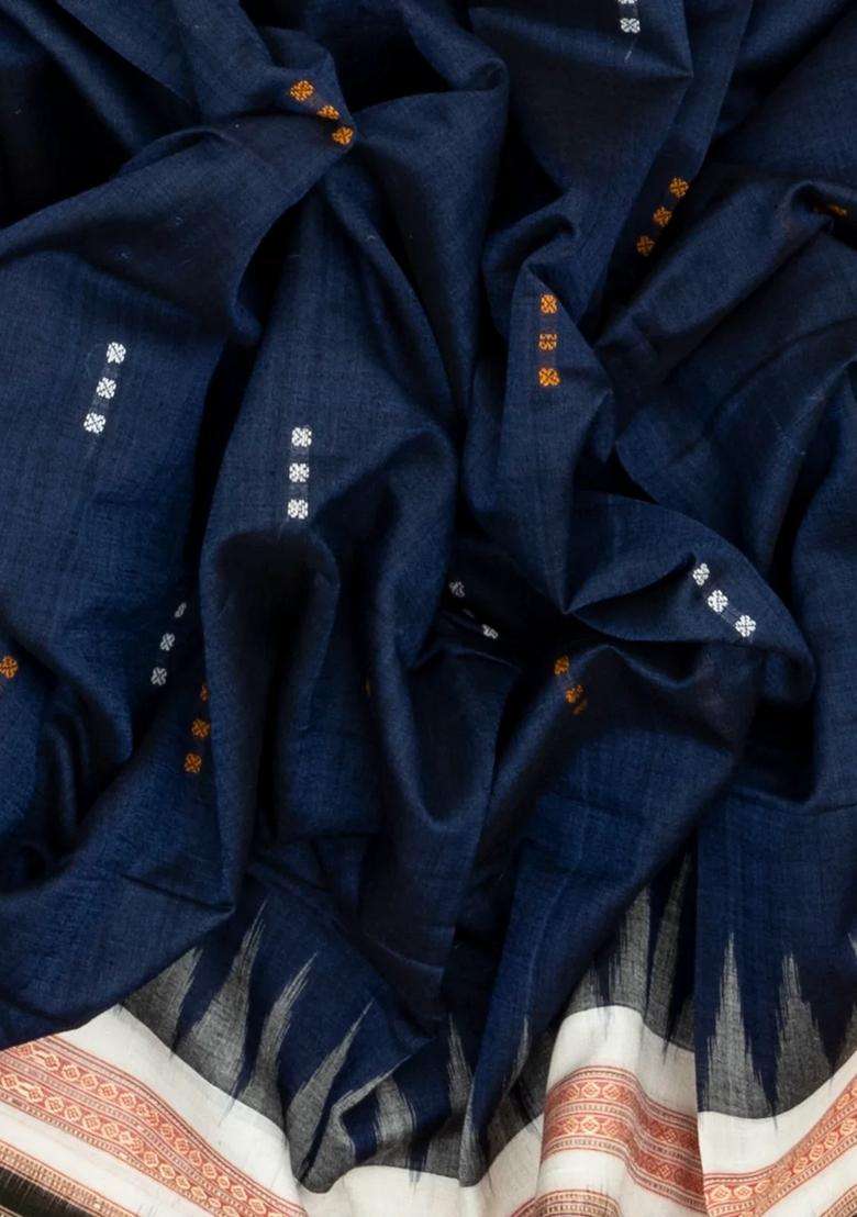 Dark Blue Handloom Orissa Cotton Saree With Mustard Tie Dye Pallu With Printed Design For Women - Indya